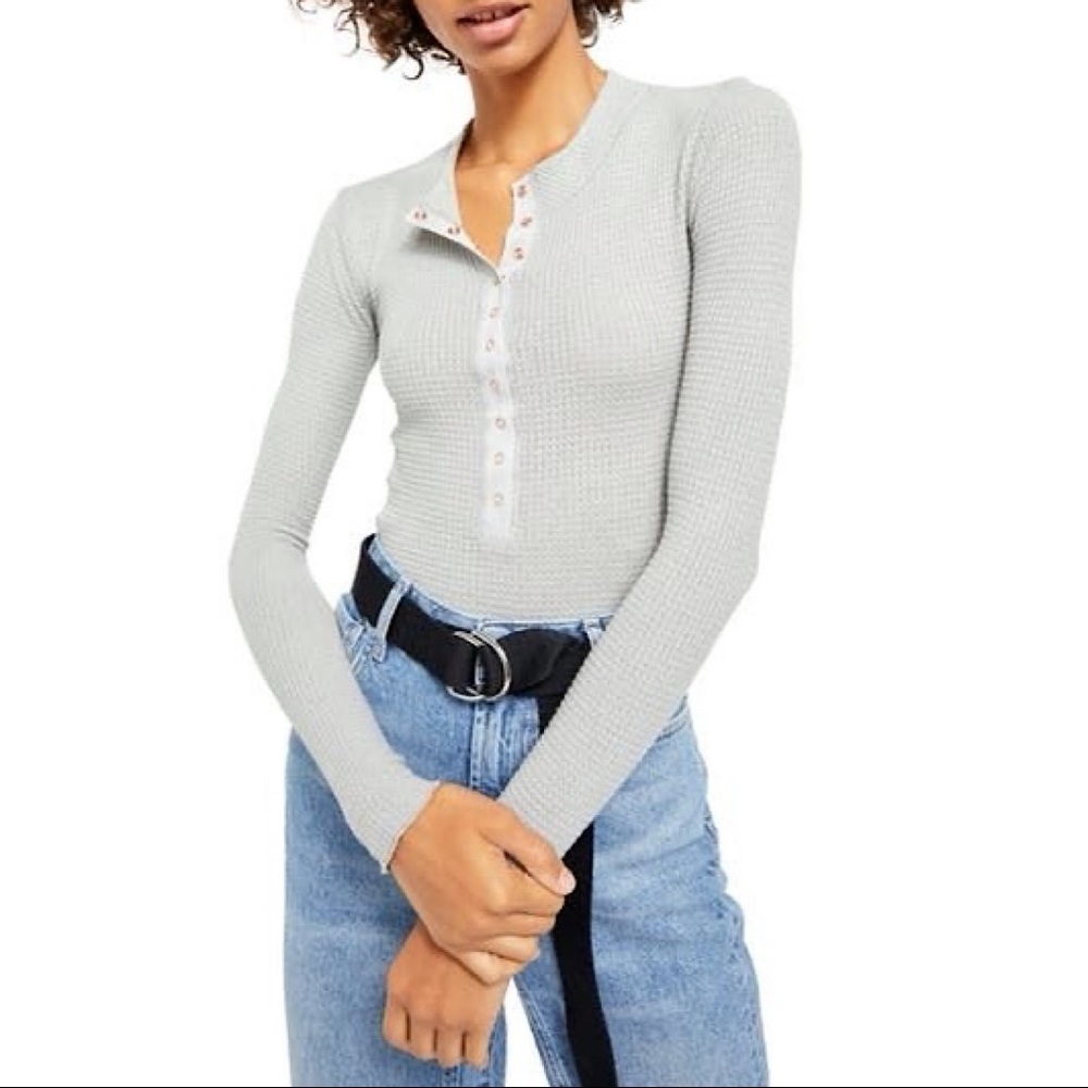 Free People Gray Long Sleeve Henley Top
